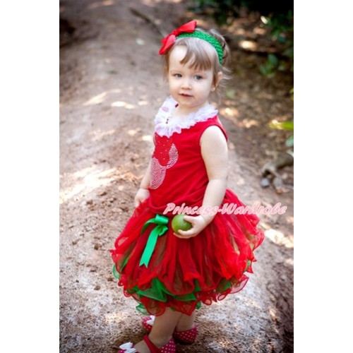 Xmas Red Baby Pettitop with Sparkle Crystal Bling Red Minnie Print with White Chiffon Lacing with Kelly Green Bow Red Green Petal Newborn Pettiskirt NG1283 